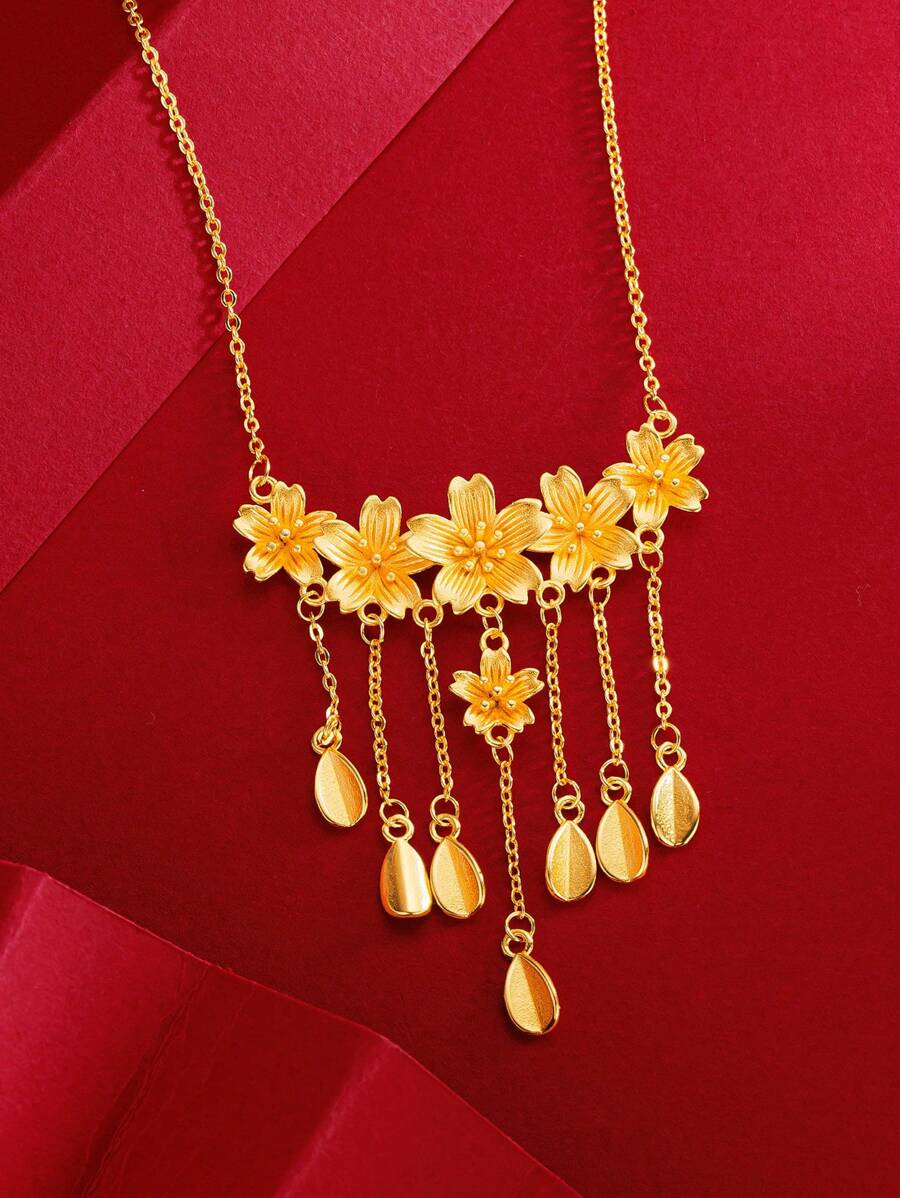 1pc Five Sakura Blossom & Tassel Pendant Gold Women's Wedding Necklace