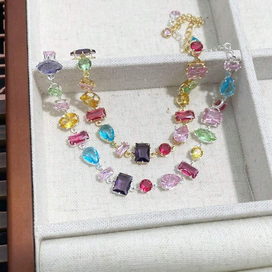 最新款流行女士珠寶金色高品質5A立方氧化鋯多色CZ網球鏈手鍊，婚禮禮品 - 彩色 - 查看 1