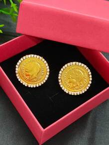 1 cặp hoa tai chân dung tròn thời trang dành cho nữ đính đá, hộp quà tặng, đám cưới, tiệc tùng, hoa tai vàng, ngày của mẹ, ngày của nhà giáo, ngày lễ tình nhân, quà tặng lễ hội, trang sức ngày lễ tình nhân - Vàng - Xem 1