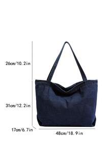 MOBAOFANG 1入藍色牛仔肩袋，休閒大容量手提袋，帶有學院風格，簡單多變的學生帆布袋，懶散購物袋 - 藏蓝色 - 查看 2