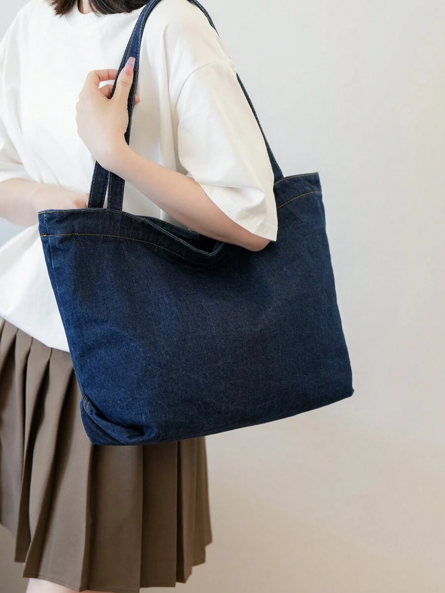 MOBAOFANG 1入藍色牛仔肩袋，休閒大容量手提袋，帶有學院風格，簡單多變的學生帆布袋，懶散購物袋 - 藏蓝色 - 查看 1