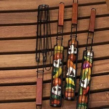 1 Giỏ BBQ Chống Dính Di Động Để Nướng Thịt Và Rau Củ Bằng Than, Hoàn Hảo Cho Cắm Trại Ngoài Trời Và Nấu Ăn Dã Ngoại - Gỗ đỏ - Xem 5