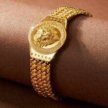 1pc Hip-Hop Lion Head Handheld Design Fashion Gold-Plated Bangle Bracelet For Women And Men, Luxurious Retro Cuff Decoration, Unique Accessory Gift