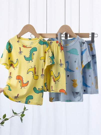 4 piezas Conjunto de pijama para niños, niño joven estampado de dinosaurio de manga corta y pantalones cortos, ropa de estar en casa, ligero, verano