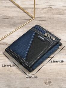 JEMINAL Men's Casual Tri-Fold Canvas Wallet With Anti-Theft Chain, Street Style Color Block Purse - Navy Blue - View 7