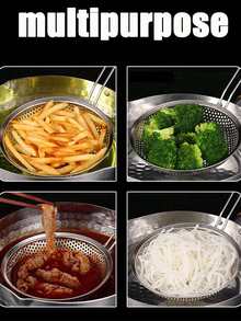 1pc Metal Colander Mesh Strainer Stainless Steel Skimmer Spoon Fine Mesh Food Strainer Kitchen Colander With Wooden Handle For Kitchen Cooking Food Preparation Grease Filter,Pasta Noodle Net Basket With Wooden Handle - Silver - View 5