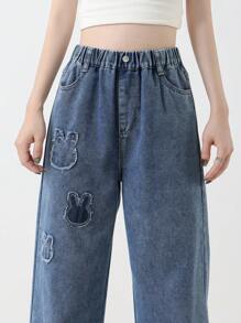 Tween Girl Rabbit Patch Casual Long Washed Wide Leg Denim Pants