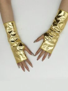 一双女士短款漆皮露指手套，服装配饰，亮面反光涂层皮革手套，适合夏季佩戴 - 彩色 - 查看 3