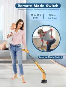 1套電動旋轉刷,無線清潔刷,8頭可換刷頭地板刷,可調式可拆式手柄,2挡速度和遙控器,適用於廚房浴室瓷磚地板窗戶等電動清潔刷 - 黃色 - 查看 5