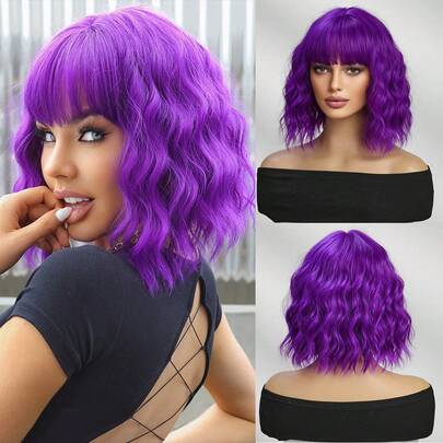 14英寸紫色波波头假发，女士卷发波浪假发带刘海，短款耐热合成假发，适合派对、日常佩戴、音乐节，彩色假发，头围可调节