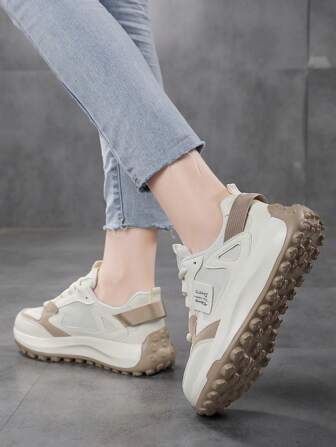 Women's Breathable Mesh Chunky Sneakers, Khaki Color, Low-Top Slip-Resistant Casual Sports Shoes, Suitable For All Seasons