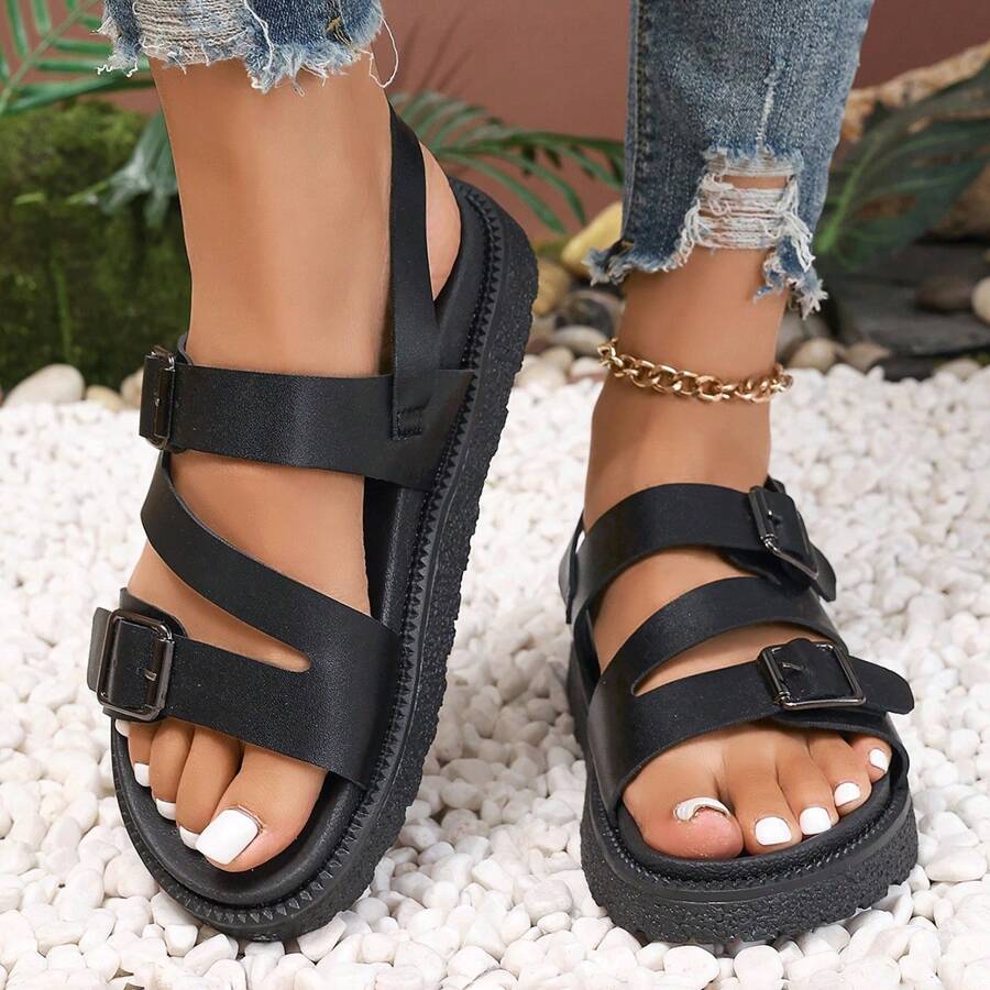 Sandalias de suela gruesa para mujer en talla grande, nuevos zapatos romanos de estilo plano y versátil para verano para pies anchos, sandalias planas de doble correa y hebilla para mujer con pies anchos, negras - Negro - Ver 1
