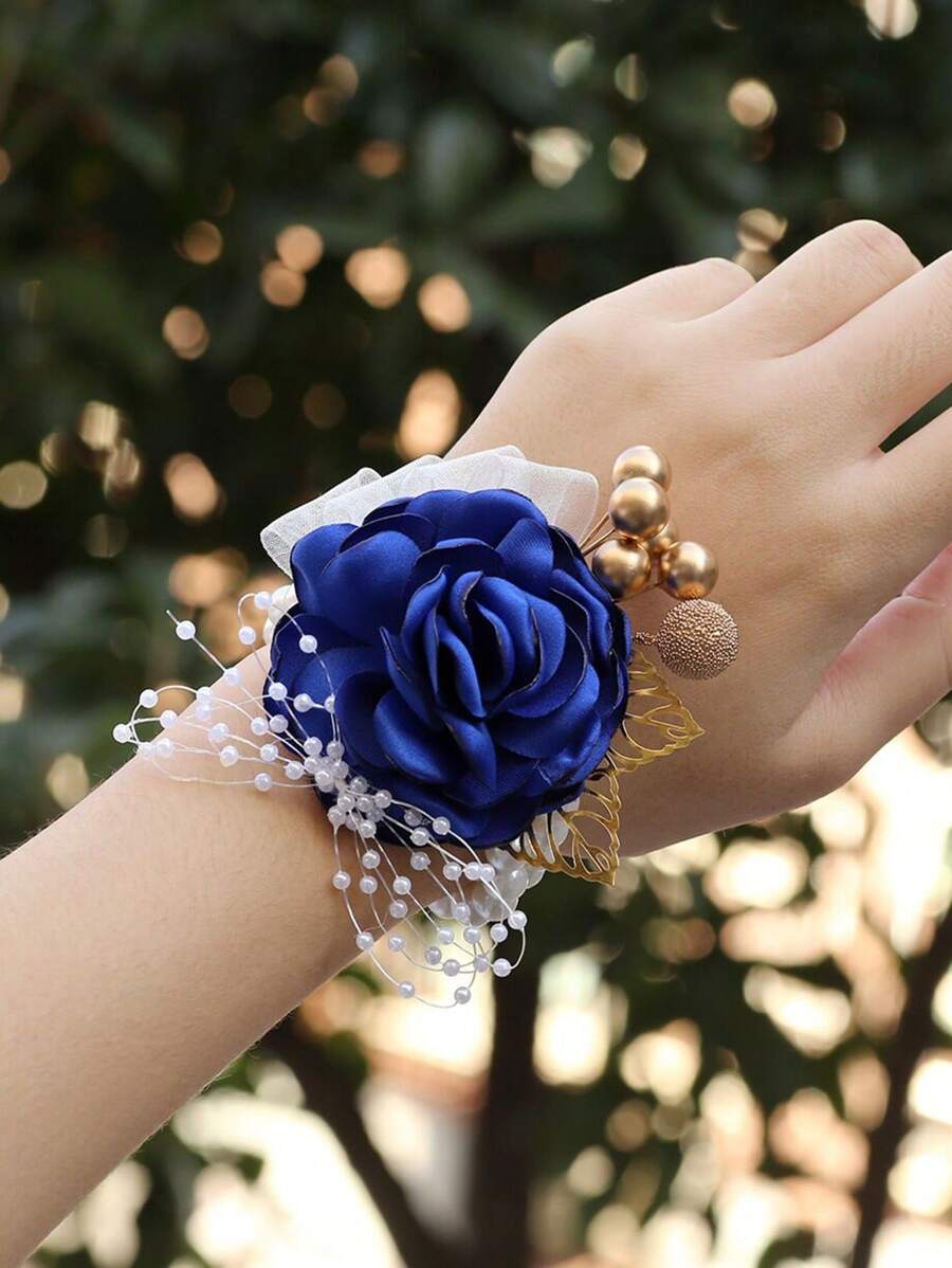 1入新娘伴娘手腕胸花，搭配人造花朵的婚禮裝飾手工花 - 藏蓝色 - 查看 1