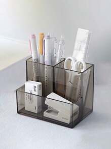 1pc Clear Acrylic Three-Compartment Pen Holder Simple & Elegant Desktop Organizer Multi-Functional Student Storage Box For Office Back To School - Black - View 1