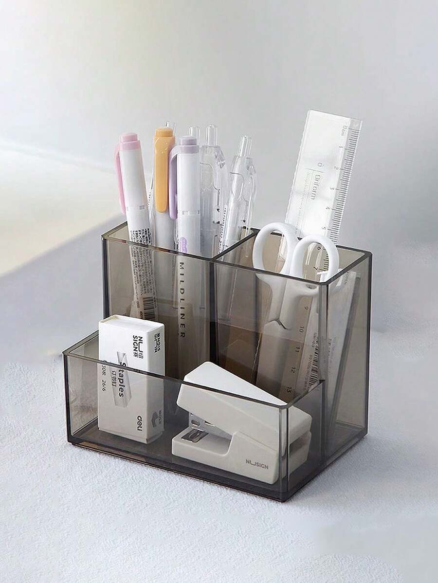 1pc Clear Acrylic Three-Compartment Pen Holder Simple & Elegant Desktop Organizer Multi-Functional Student Storage Box For Office Back To School - Black - View 1