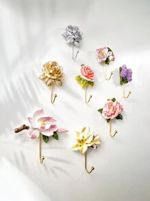 1入組樹脂手繪鐵掛勾，具有模擬立體花卉裝飾，室內掛在牆上的掛勾可用於毛巾、帽子、鑰匙等物品