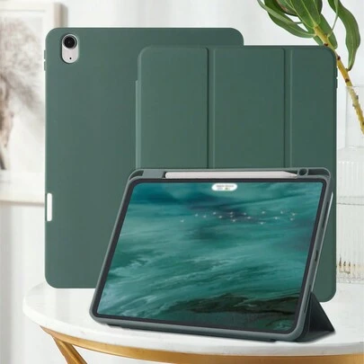 纯色右侧笔槽充电午夜绿磁吸式睡眠iPad保护套，适用于iPad Mini 6/Mini 7/9.7/10.2/10.5/Air 4/Air 5/第十代/10.9/Pro 11英寸/Air 11 (M2)/12.9/Pro 11 2024 (M4)/iPad Air 13 (M3 2025)/iPad Air 11英寸 (M3) 2025/iPad (A16) 11英寸第十一代 2025。9.7英寸和10.2英寸型号的笔槽位于左侧，其他型号的笔槽位于右侧。