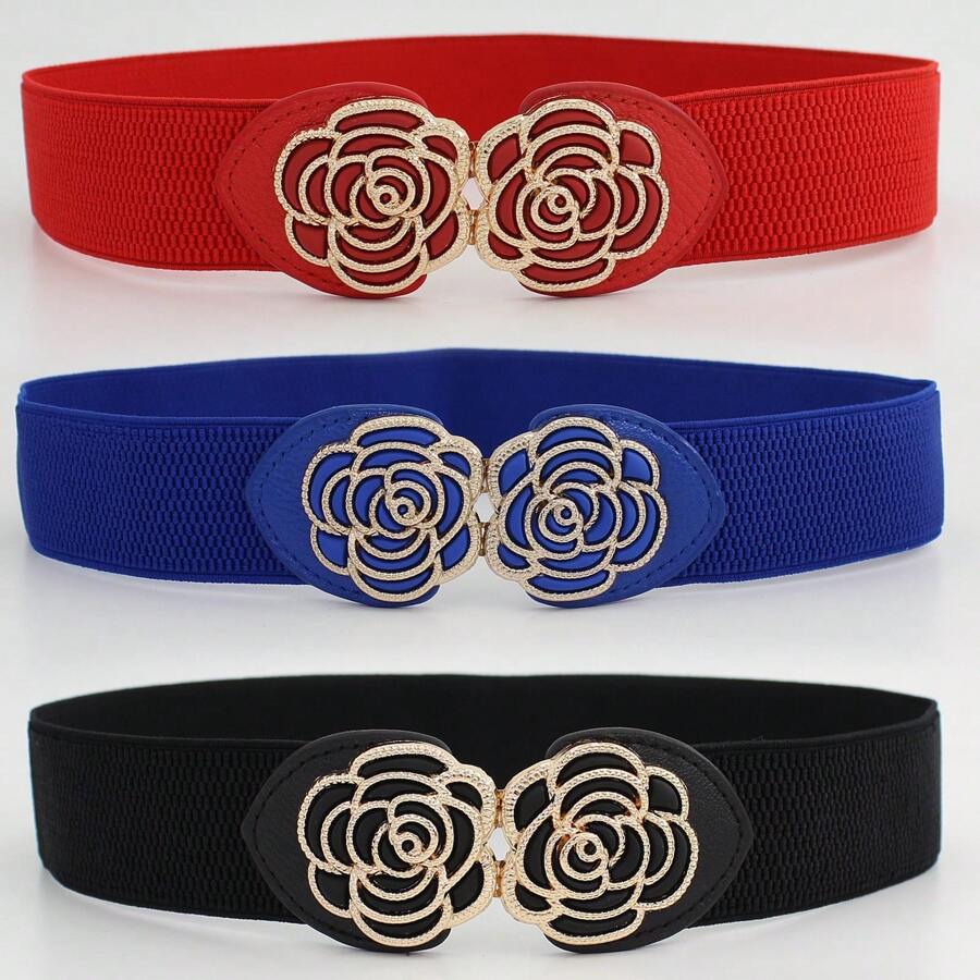 1 Peça Cinto Elástico Largo Feminino com Fivela em Formato de Rosa, Cinto Decorativo para Vestido, Cinto Elástico Ajustável para Verão, Escola, Outono, Halloween - Multicolorido - Visão 1