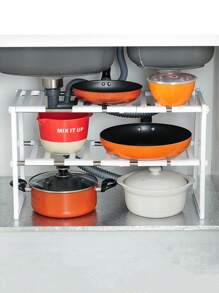 1pc 2-Layer 10-Plate Multi-Functional Kitchen Sink Storage Rack, Retractable Floor-Standing Pot Rack, Free Adjusting Shelf For Storing Various Kitchen Utensils,Storage,Kitchen Organiser,Kitchen Items,Room Decor,Home Decor. - Multicolor - View 1