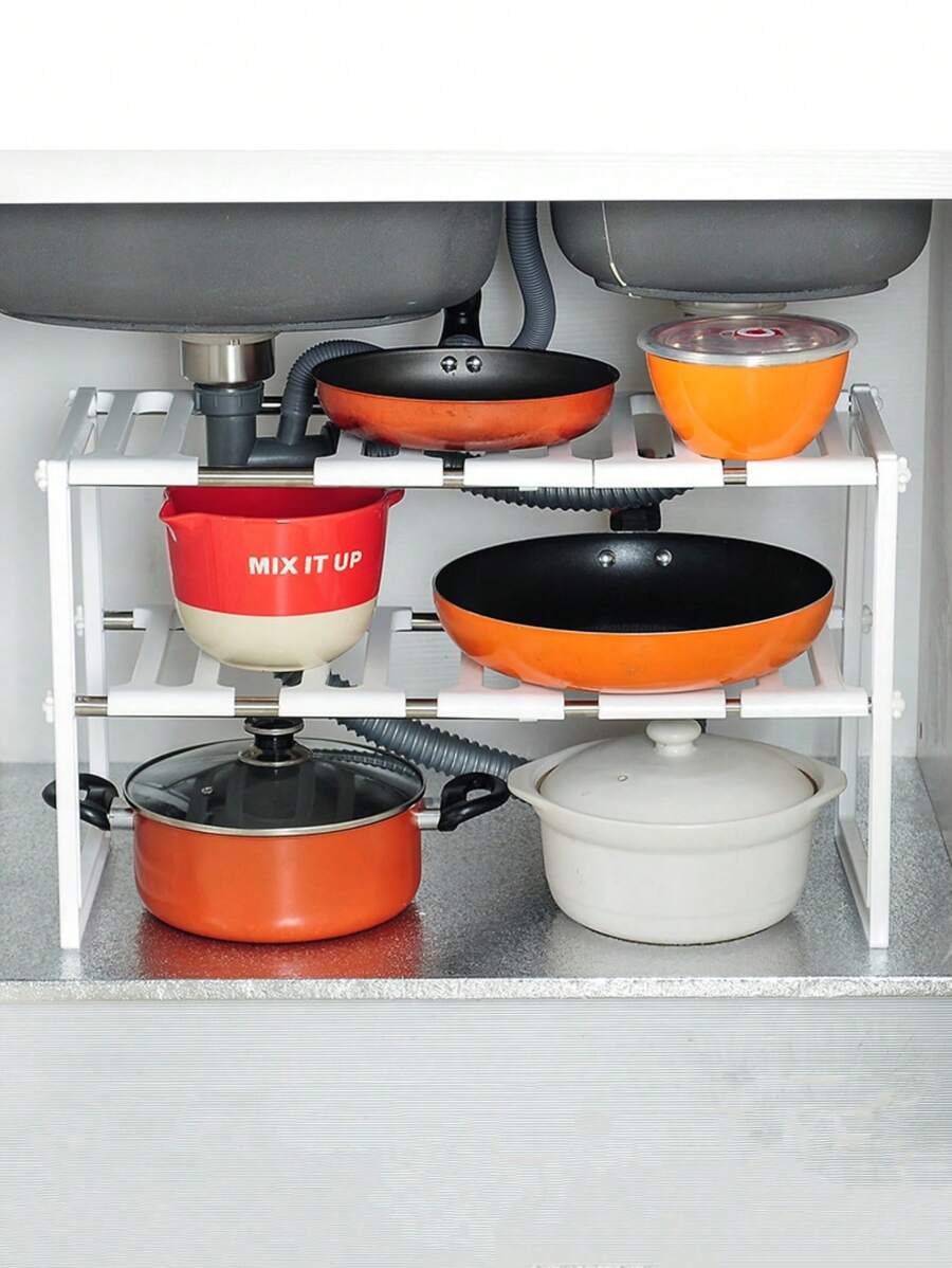 1pc 2-Layer 10-Plate Multi-Functional Kitchen Sink Storage Rack, Retractable Floor-Standing Pot Rack, Free Adjusting Shelf For Storing Various Kitchen Utensils,Storage,Kitchen Organiser,Kitchen Items,Room Decor,Home Decor. - Multicolor - View 1