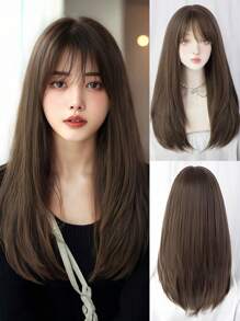 24英寸長直頭髮假髮，帶劉海人造假髮、耐高溫，適用於女士及女孩日常使用 - 黑棕色 - 查看 3