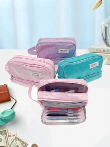 1 pieza Bolsa para lápices decorada con parches, de vuelta a la escuela, útiles escolares, estuche para lápices, bolsa escolar - Morado - Ver 2