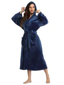 1 szt. Jednokolorowy damski szlafrok z kapturem, długi szlafrok do domu, bielizna nocna, miękki materiał chłonny, odpowiedni do łazienki, basenu, prysznica, na cały sezon, prezent premium z okazji powrotu do szkoły