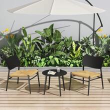 Set van 3 tafels en stoelen voor binnen en buiten, 2 stoelen en 1 ronde bijzettafel voor bistro, balkon, terras, tuin, balkonmeubel van aluminium en roestvrij staal met PE rattan zitkussens