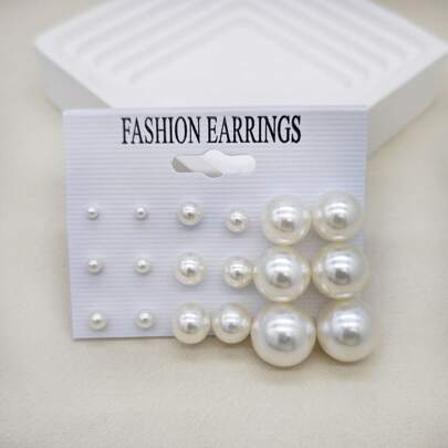 18pcs European And American Style White Vintage Pearls Earrings Set, Creative Fashion Stud Earrings For Women
