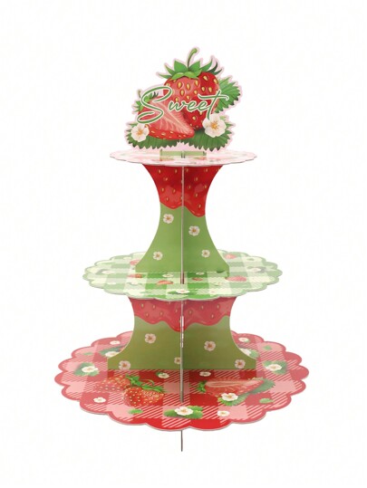 1 pieza Soporte para tartas con 3 niveles para cupcakes con diseño de fresa, decoración para fiesta de baby shower y cumpleaños. Soporte de cartón para torre de cupcakes para fiesta "Wild One", decoración para baby shower, vuelta al colegio, Día de San Valentín