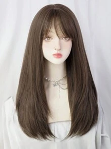 24英寸長直頭髮假髮，帶劉海人造假髮、耐高溫，適用於女士及女孩日常使用 - 黑棕色 - 查看 4