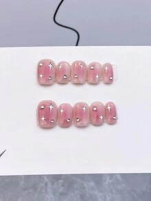 10 件装甜美酷炫 Y2K 粉色腮红美甲水钻星形闪光可拆卸短贴指甲贴带果冻贴纸 - 粉色 - 查看 2