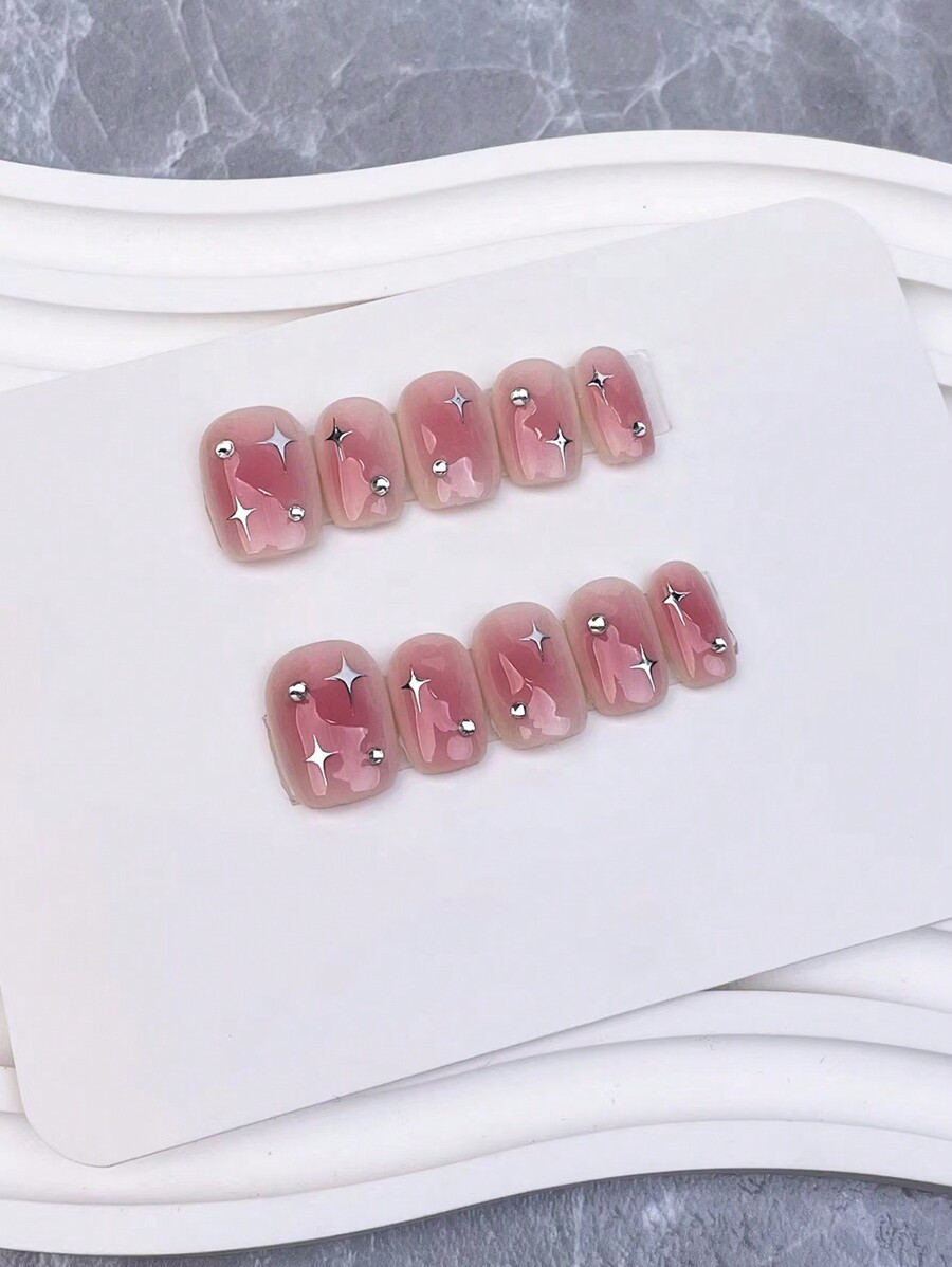 10pcs Sweet Y2K Pink Blush Nail Art Water Diamond Star Trumpet Nail