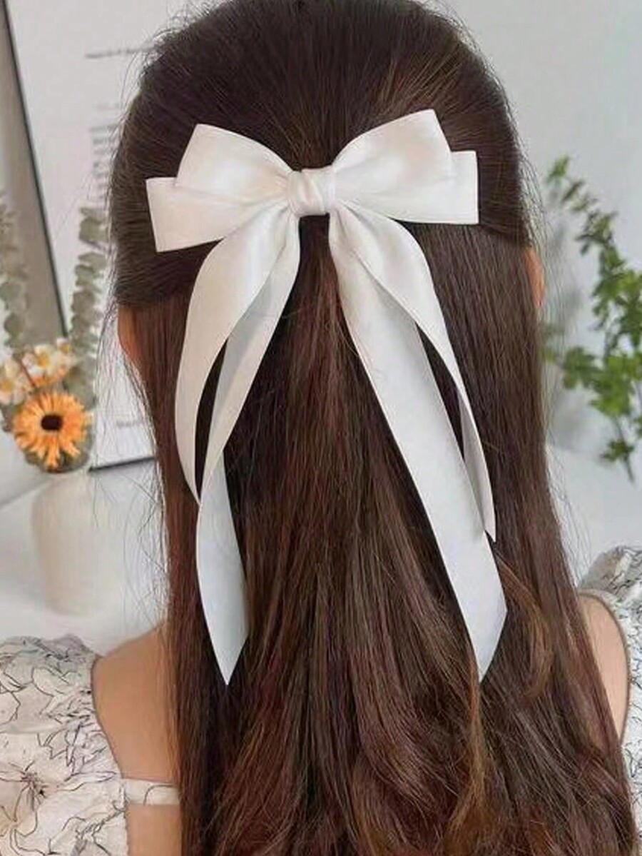 1pc Women's Satin Bow Barrette With Butterfly Shape & Tassel
