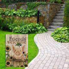 1入組歡迎朋友可愛豬花園旗，戶外農家裝飾亞麻雙面花園旗幟30x45cm，為家人和朋友帶來有趣的農家禮物，適用於花園旗幟禮物 - 多色 - 查看 3