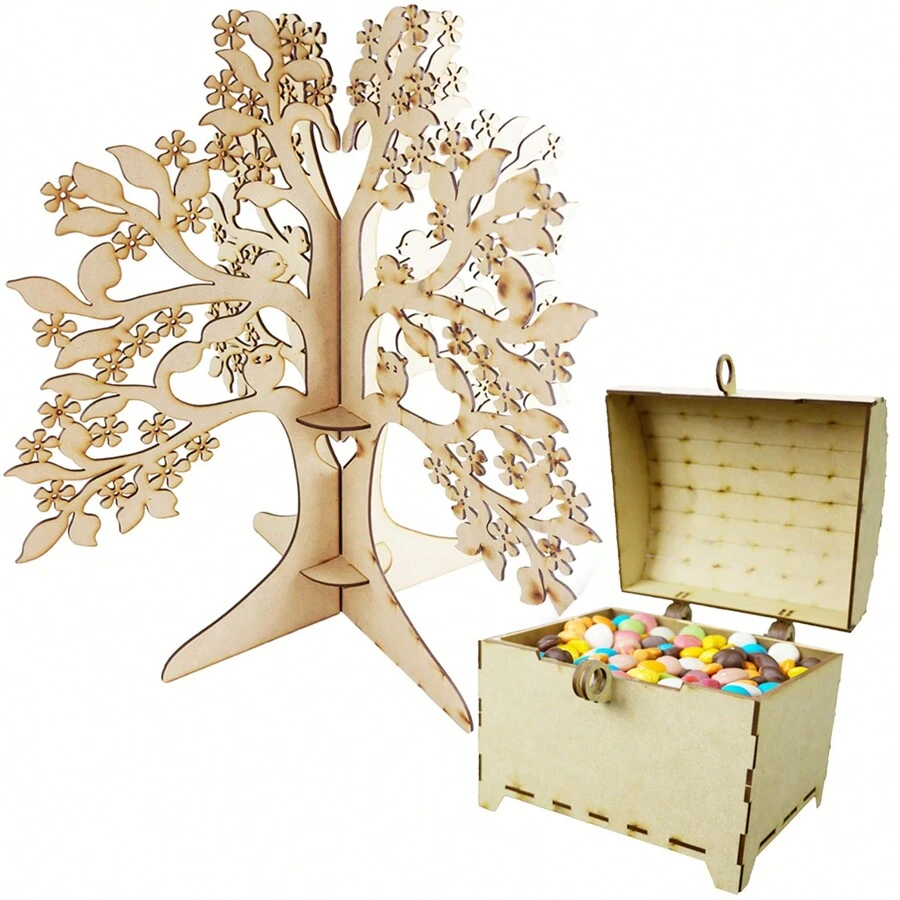 Signature Tree With 100 Pieces And 3 Mm Mdf Chest Wedding Hearts - Beige - View 1