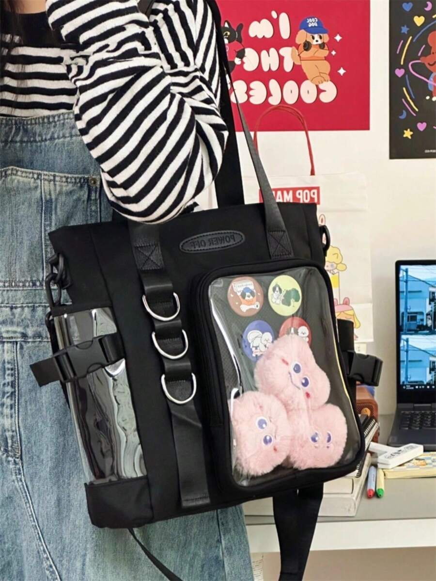 日本可爱 Itabag DIY 徽章展示板大学生单肩包尼龙钱包和手袋手提包斜挎包 JK 高品质学校书包 Ita Bag、街头和日式风格女包 - 黑色 - 查看 1