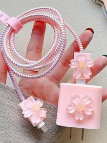 5pcs Cherry Blossom Charger Protection Cover Set, Preventing Cable Breaking, Suitable For 18w/20w Charger And Mobile Data Cable - Pink - View 1