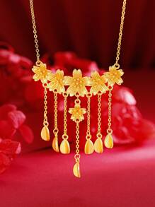 1pc Five Sakura Blossom & Tassel Pendant Gold Women's Wedding Necklace