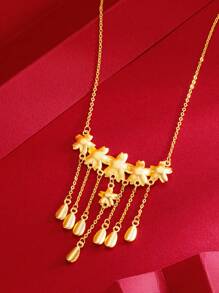 1pc Five Sakura Blossom & Tassel Pendant Gold Women's Wedding Necklace