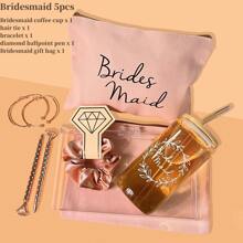 5件套伴娘求婚婚礼礼物套装，伴娘礼物，准新娘礼物，16盎司玻璃杯，化妆包，婚礼装饰，家居装饰，房间装饰，派对回礼，生日毕业派对装饰，单身派对装饰