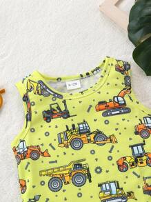 Casual 2-Piece Set With Cartoon Car Print Top & Shorts For Baby Boy - Yellow - View 3