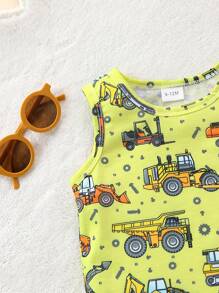 Casual 2-Piece Set With Cartoon Car Print Top & Shorts For Baby Boy - Yellow - View 4