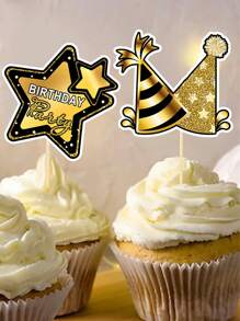 16Pcs Cake Topper Decoration, Black Gold Birthday Cake Topper, Birthday Party Cake Decor, Party Cake Supplies Party Food Decor - Multicolor - View 6