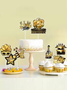 16Pcs Cake Topper Decoration, Black Gold Birthday Cake Topper, Birthday Party Cake Decor, Party Cake Supplies Party Food Decor - Multicolor - View 5