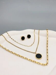 3入組時尚女士18K金鍍黑色圓形多層項鍊和耳環套裝，是生日、母親節、情人節、約會、舞會、婚禮季節和波西米亞度假風格的理想禮物 - 彩色 - 查看 1