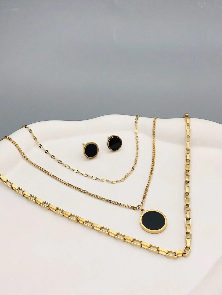 3入組時尚女士18K金鍍黑色圓形多層項鍊和耳環套裝，是生日、母親節、情人節、約會、舞會、婚禮季節和波西米亞度假風格的理想禮物 - 彩色 - 查看 1