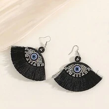 2pcs Bohemian  Earrings, Velvet Eye-Shaped Earrings With Tassels And Rhinestone Decoration, Suitable For Women And Girls