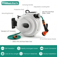 Garden Hose Reel Wall Mount, 1/2 Inch X 30m + 2m Retractable Hose Reel With 8 Pattern Hose Nozzle, 180˚ Swivel Bracket, 1/4 Inch NPT Fittings, Lockable Water Hose Reel, Easy Assembly, Green Hose - 白色 - 查看 4