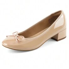 JENN ARDOR Women's Chunky Block Low Heels Bow Round Closed Toe Comfort Work Casual Slip-On Bridal Wedding Guest Dress Sexy Prom Pumps Shoes Valentines - 裸色 - 查看 4